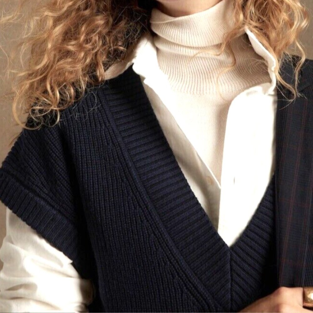 BANANA REPUBLIC CIMA Oversized Merino Wool Blue Sweater Vest - Picture 7 of 13